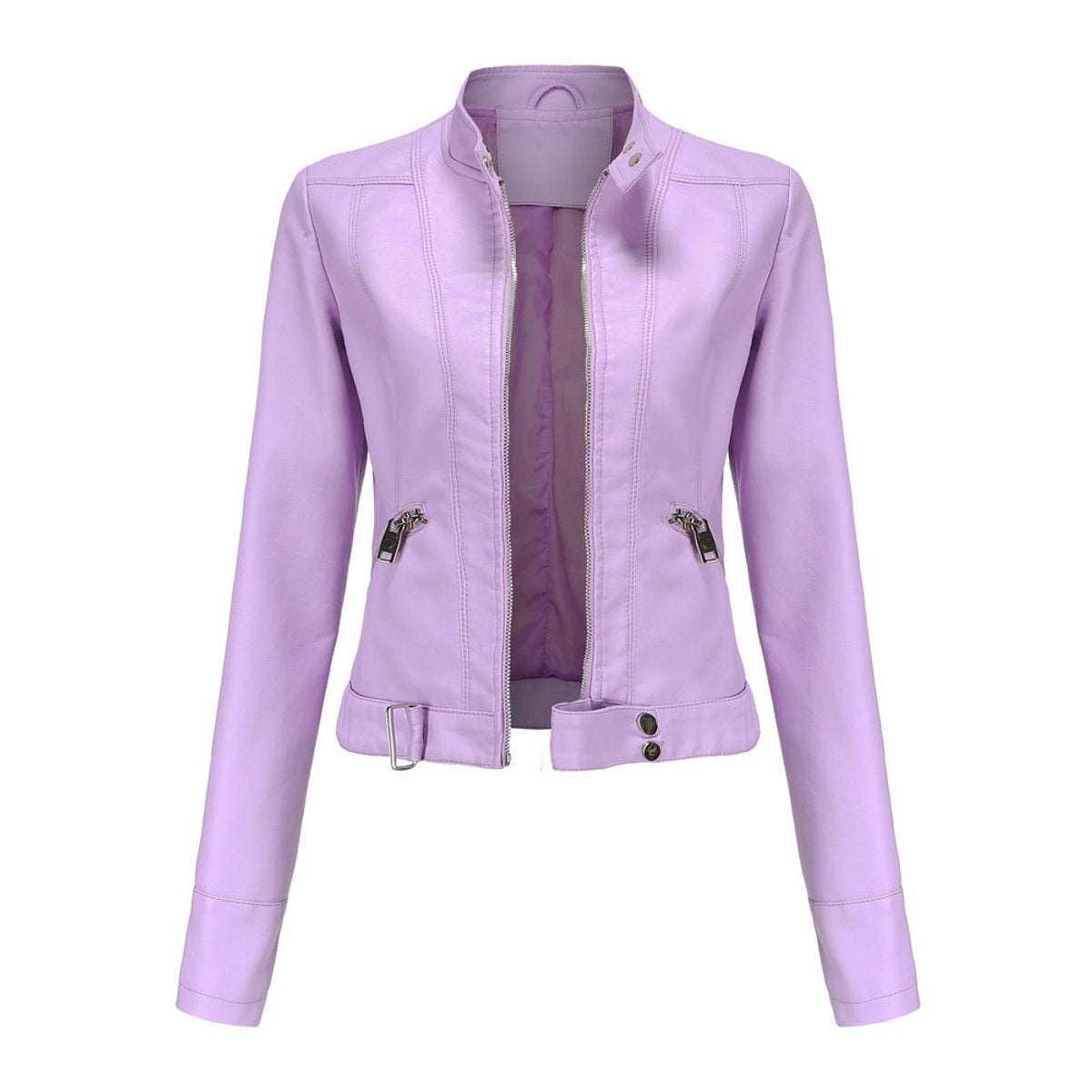 Women's Short Moto Jacket with Stand Collar