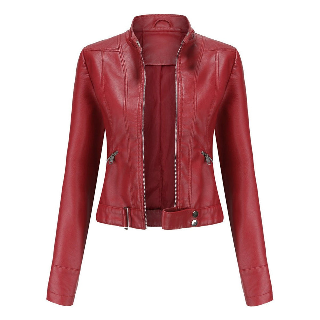 Women's Short Moto Jacket with Stand Collar
