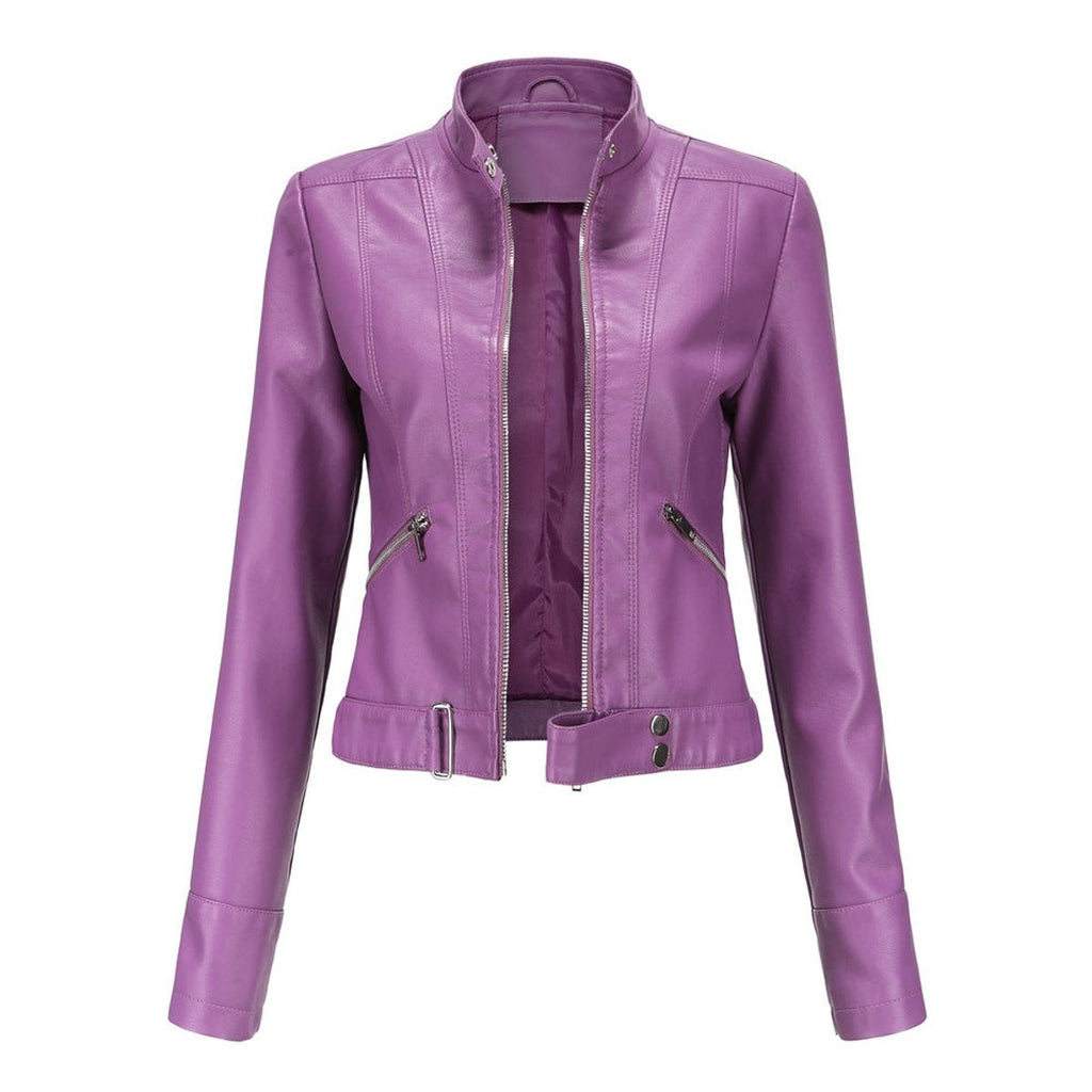 Women's Short Moto Jacket with Stand Collar