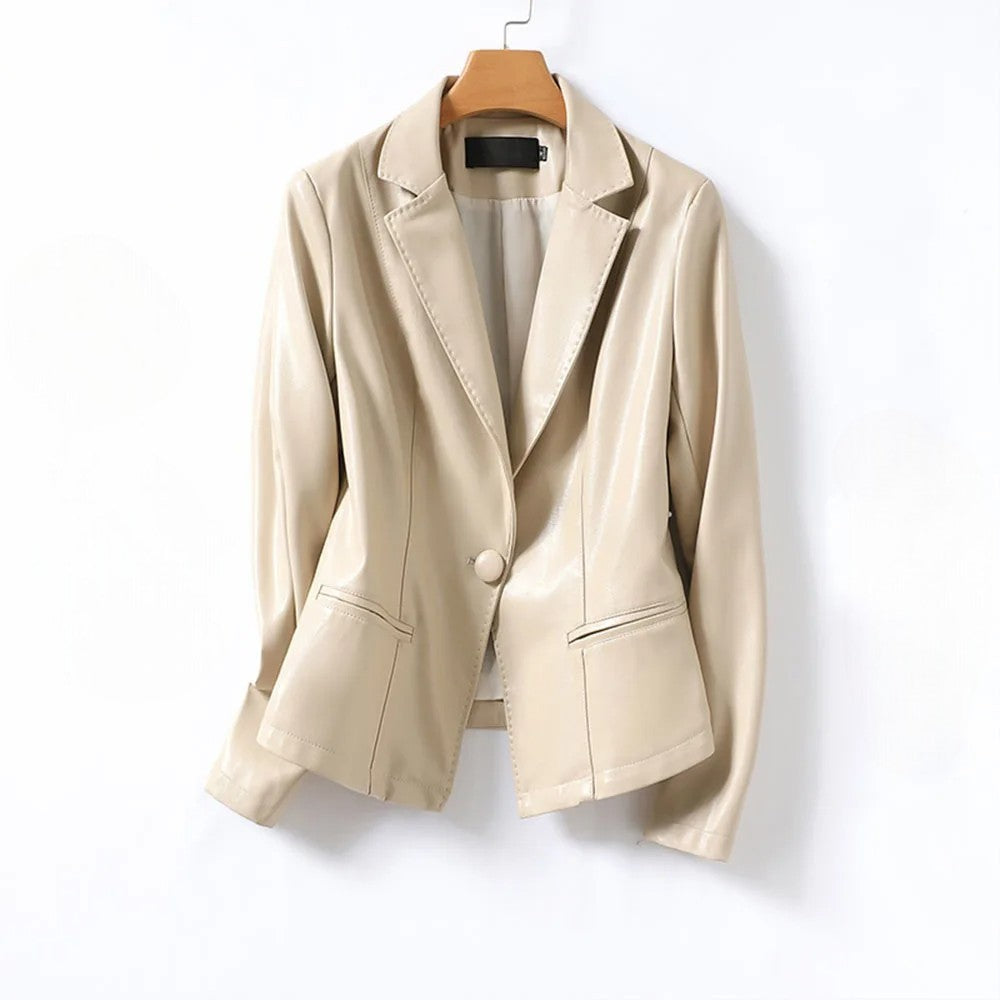 Women's Leather-Look Fitted Blazer with Notched Lapels