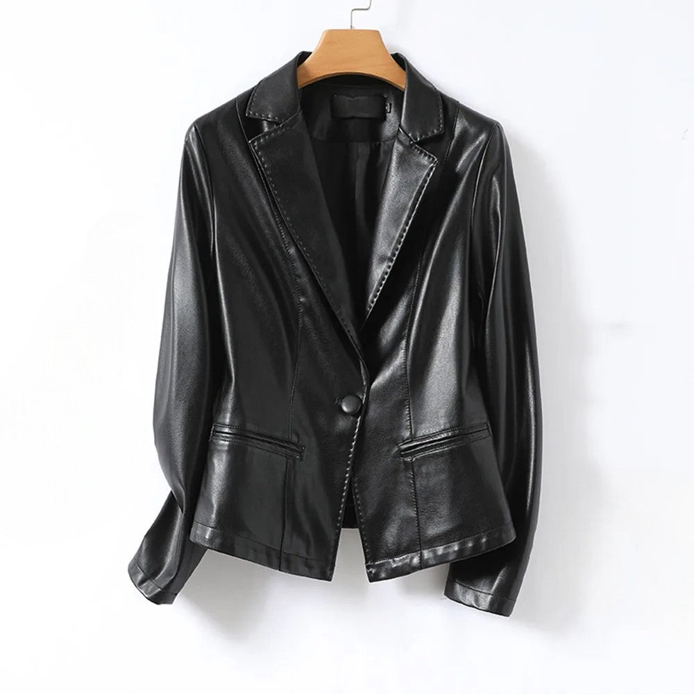 Women's Leather-Look Fitted Blazer with Notched Lapels