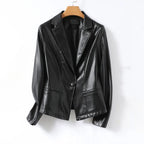 Women's Leather-Look Fitted Blazer with Notched Lapels