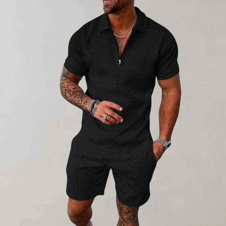 Men's Textured Zip Polo Shorts Set