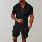 Men's Textured Zip Polo Shorts Set