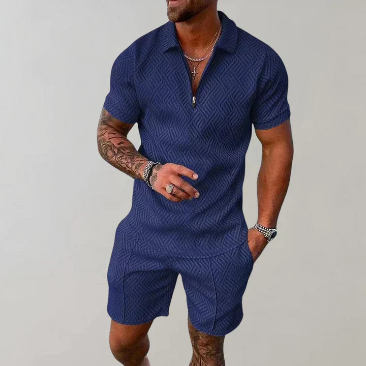 Men's Textured Zip Polo Shorts Set