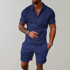 Men's Textured Zip Polo Shorts Set
