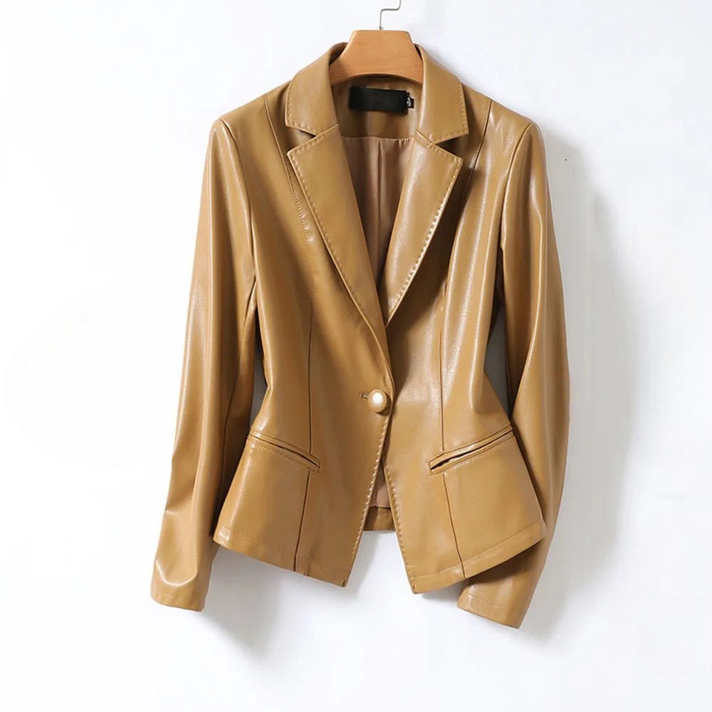 Women's Leather-Look Fitted Blazer with Notched Lapels