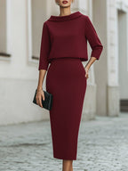 Women's Boat Neck Midi Dress with Three-Quarter Sleeves