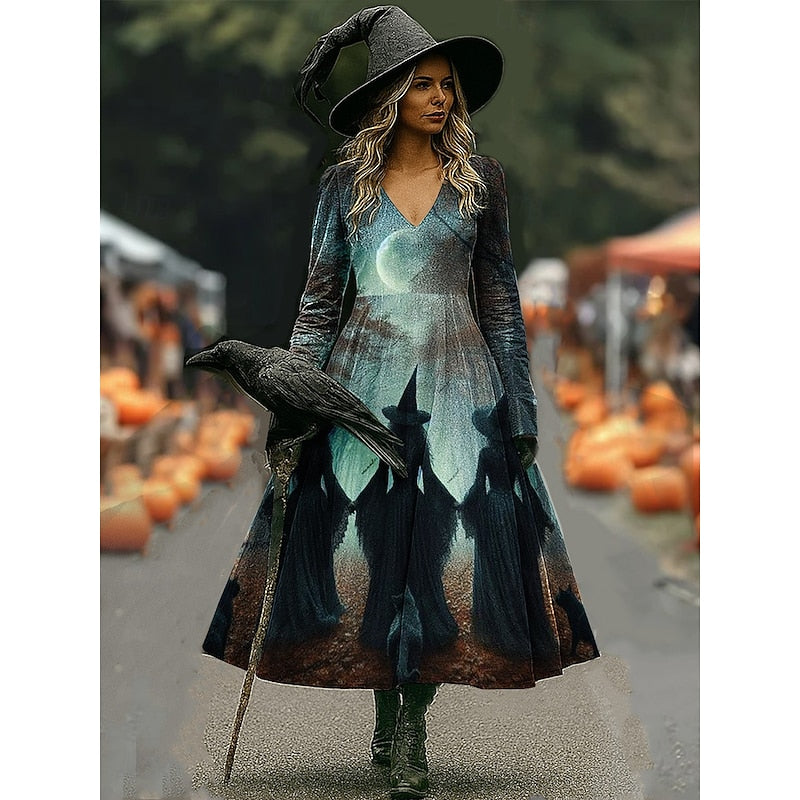 Women's Halloween Graphic Print Long Sleeve Midi Dress