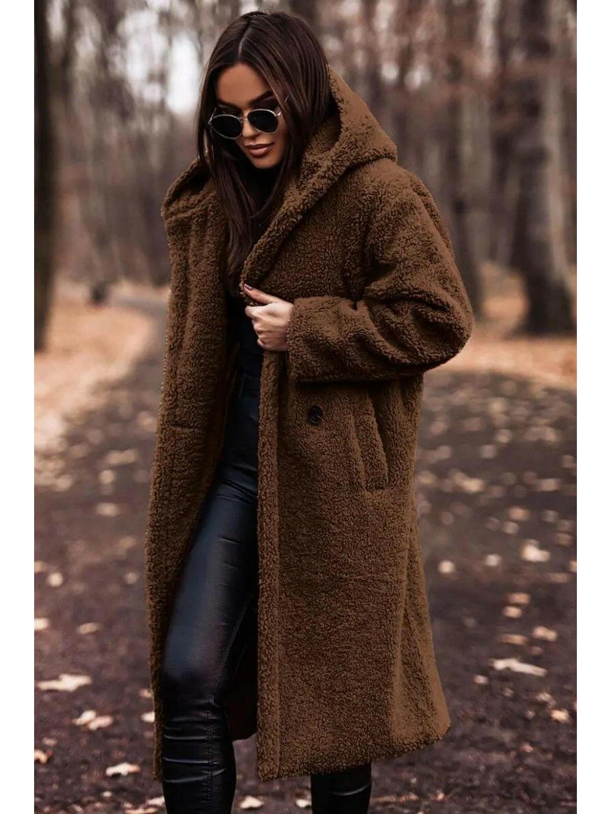 Women's Long Teddy Coat with Hood