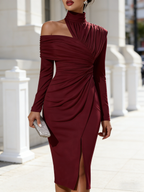 Women's Asymmetric Draped Long Sleeve Midi Dress