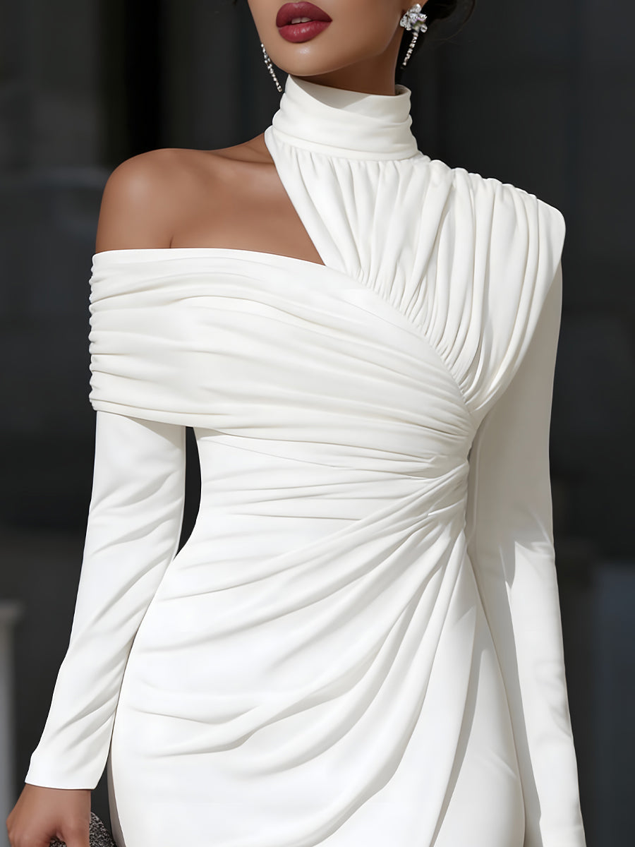 Women's Asymmetric Draped Long Sleeve Midi Dress