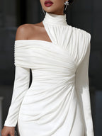 Women's Asymmetric Draped Long Sleeve Midi Dress