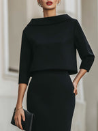 Women's Boat Neck Midi Dress with Three-Quarter Sleeves