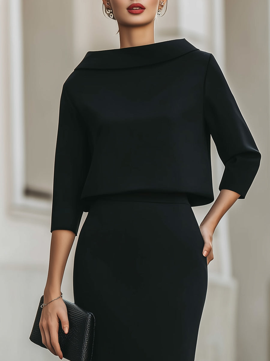 Women's Boat Neck Midi Dress with Three-Quarter Sleeves