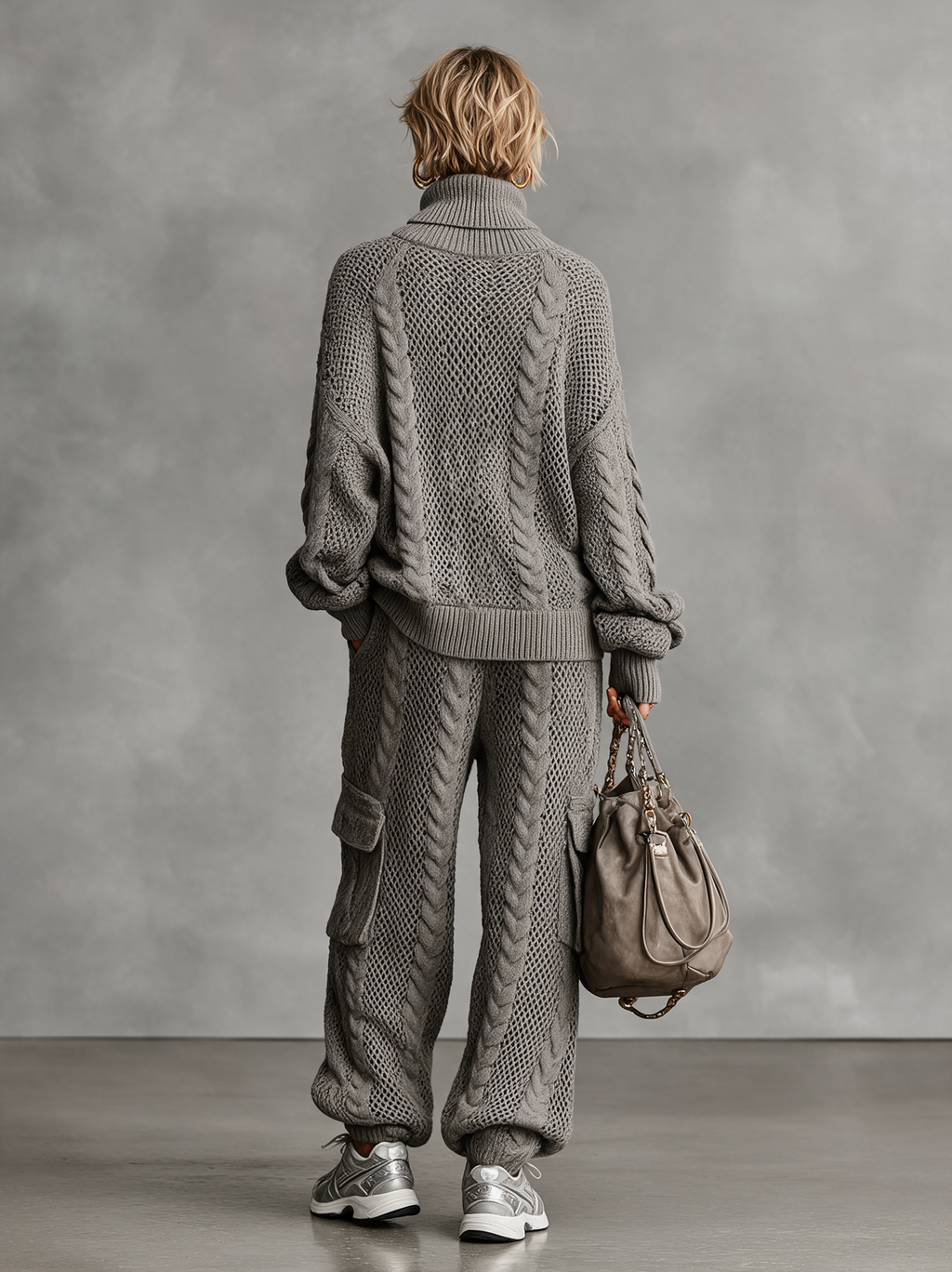 Women's Cable Knit Turtleneck Sweater and Pants Set