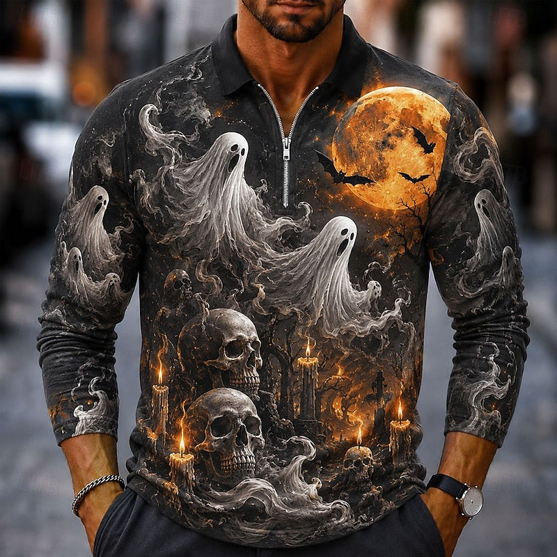 Men's Halloween Pumpkin Quarter-Zip Polo Shirt