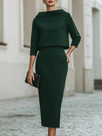 Women's Boat Neck Midi Dress with Three-Quarter Sleeves