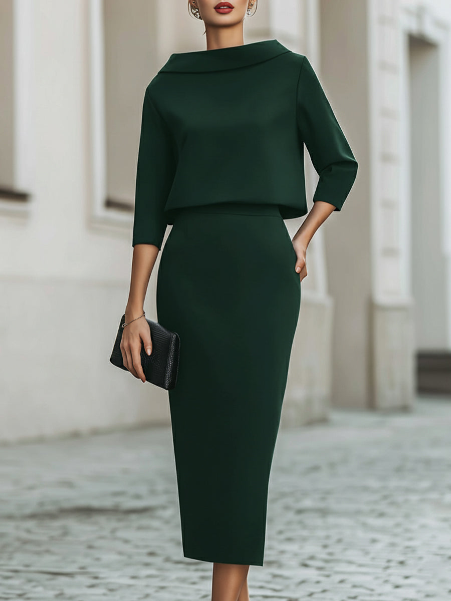 Women's Boat Neck Midi Dress with Three-Quarter Sleeves