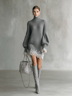 Women's Turtleneck Knit Mini Dress with Lace Trim