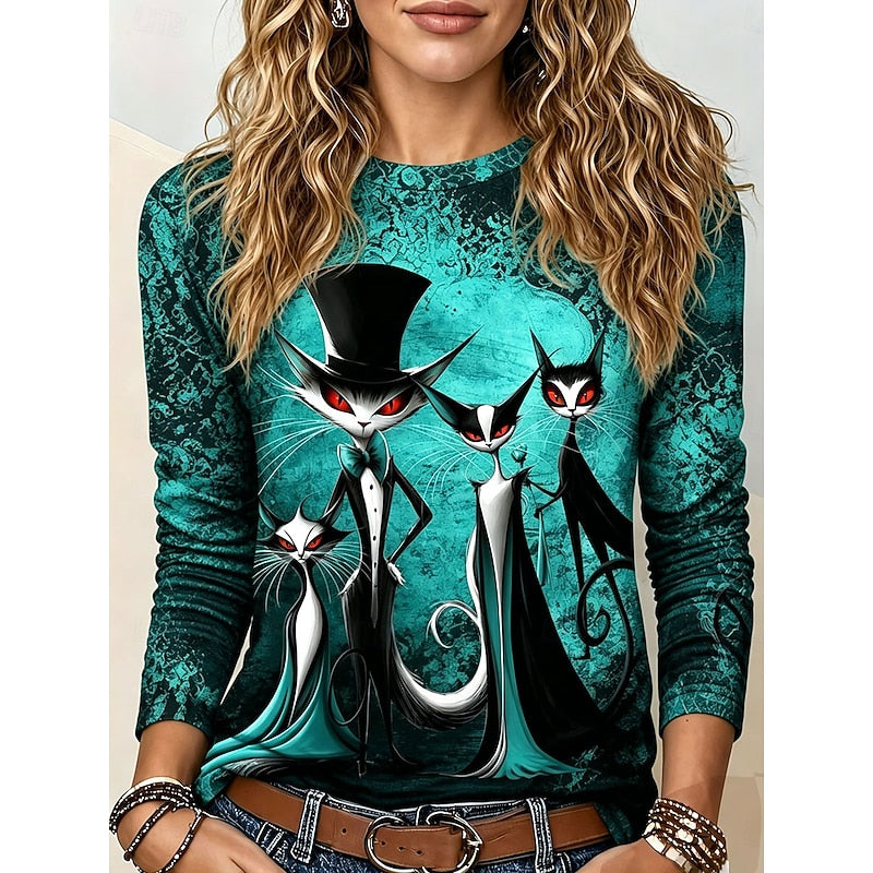 Women’s Halloween Cat Graphic Long Sleeve Top