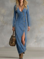Women's V-Neck Button Front Denim Maxi Dress