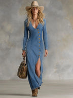 Women's V-Neck Button Front Denim Maxi Dress