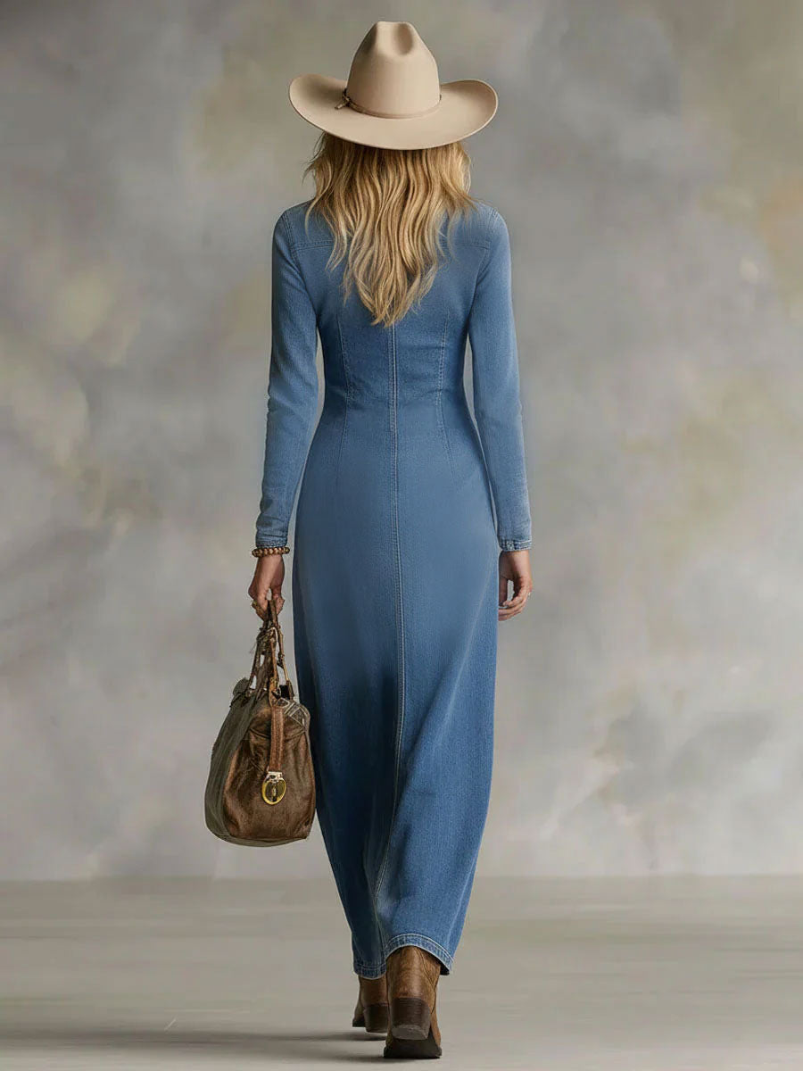 Women's V-Neck Button Front Denim Maxi Dress