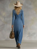 Women's V-Neck Button Front Denim Maxi Dress