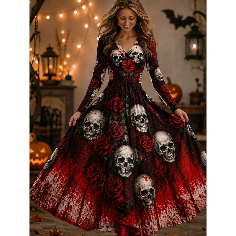 Women's Halloween Skeleton Print Long Sleeve Maxi Dress