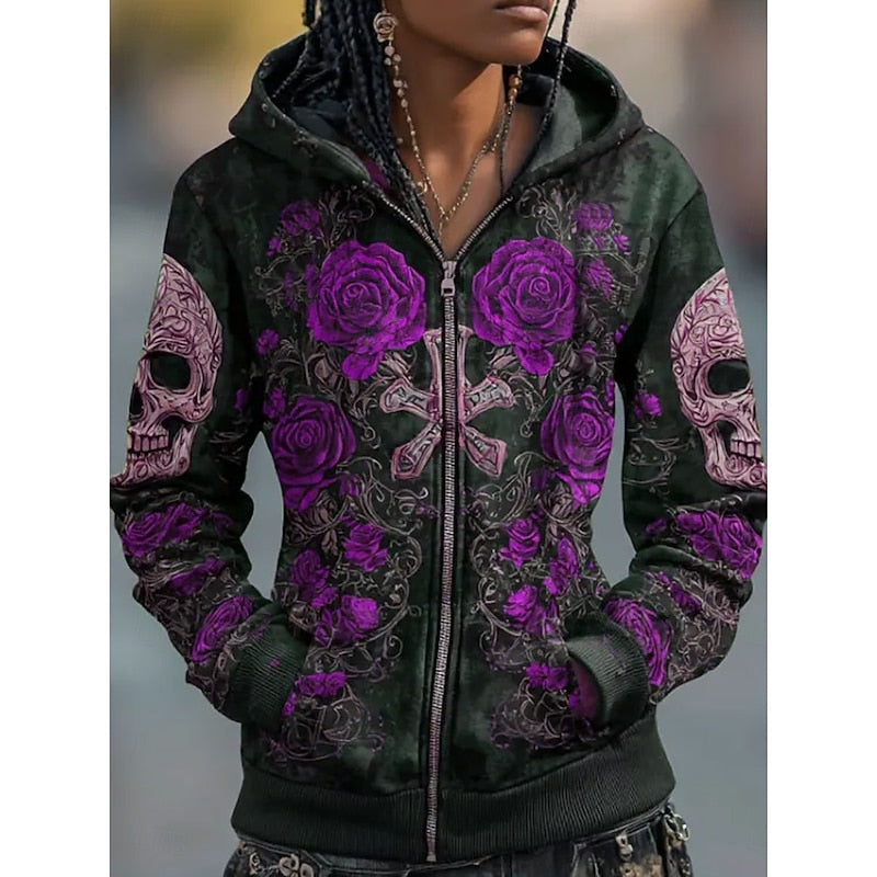 Men's Halloween Skull Rose Zip-Up Hoodie