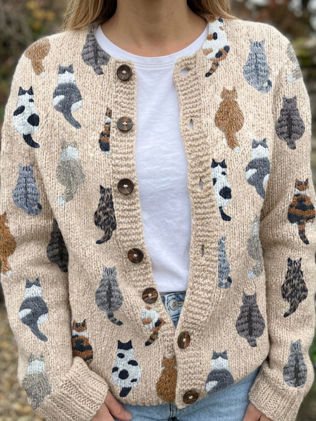 Women’s Cat Print Button Cardigan