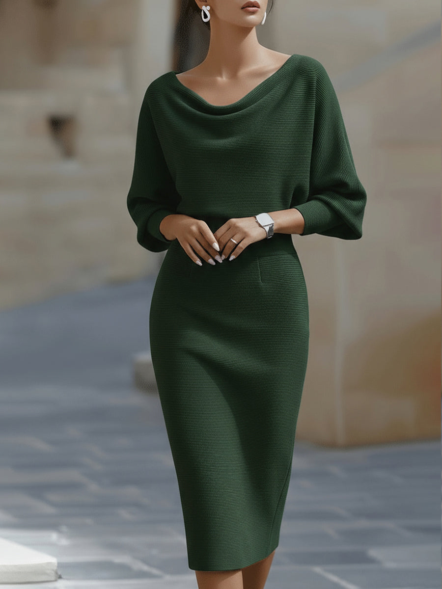 Women's Cowl Neck Knit Midi Dress with Batwing Sleeves