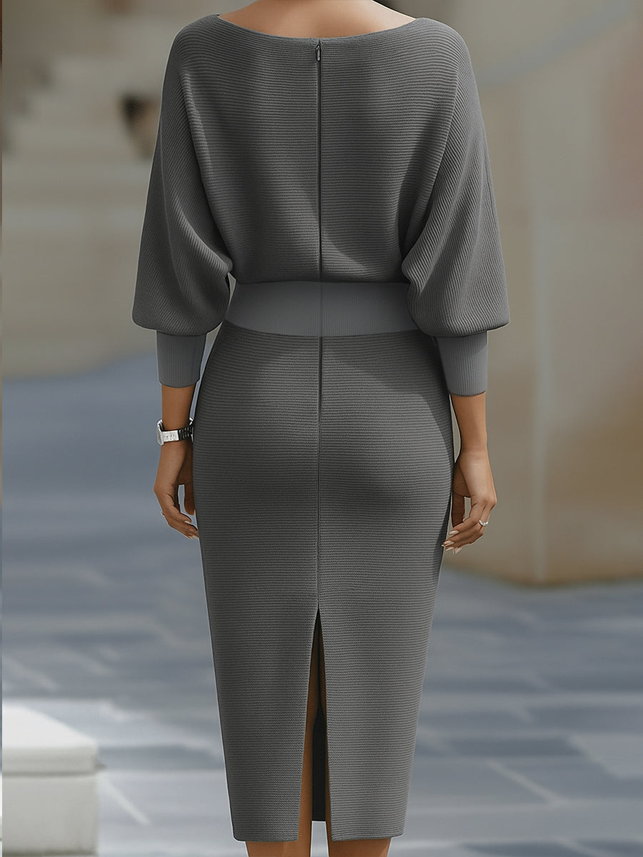 Women's Cowl Neck Knit Midi Dress with Batwing Sleeves