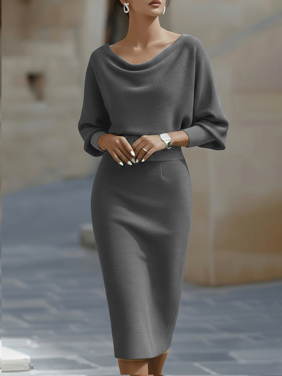 Women's Cowl Neck Knit Midi Dress with Batwing Sleeves