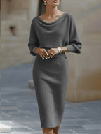 Women's Cowl Neck Knit Midi Dress with Batwing Sleeves