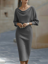 Women's Cowl Neck Knit Midi Dress with Batwing Sleeves