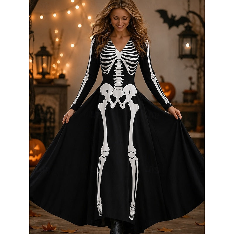 Women's Halloween Skeleton Print Long Sleeve Maxi Dress
