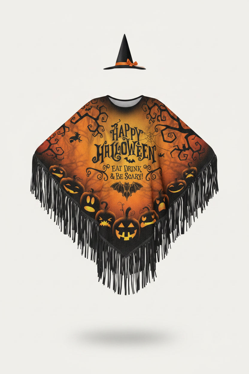 Women's Halloween Poncho With Fringe And Pumpkin Print