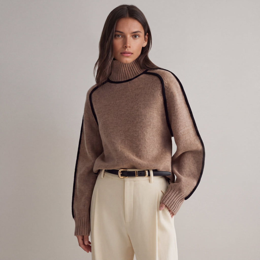 Women's Turtleneck Knit Sweater with Contrast Trim