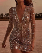 Women's Sequin Long Sleeve Mini Party Dress