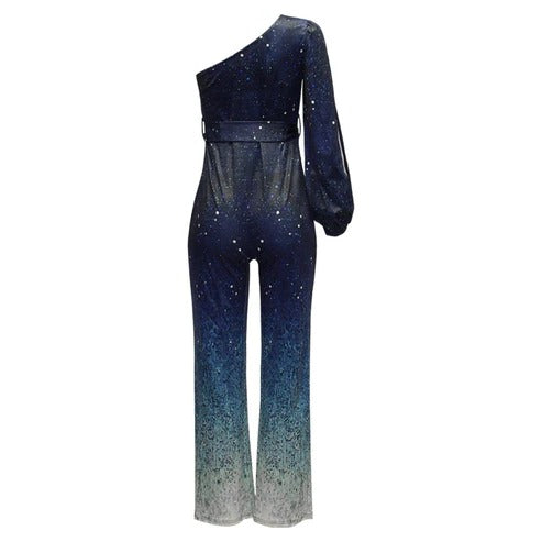 Women's One Shoulder Sequin Wide Leg Jumpsuit