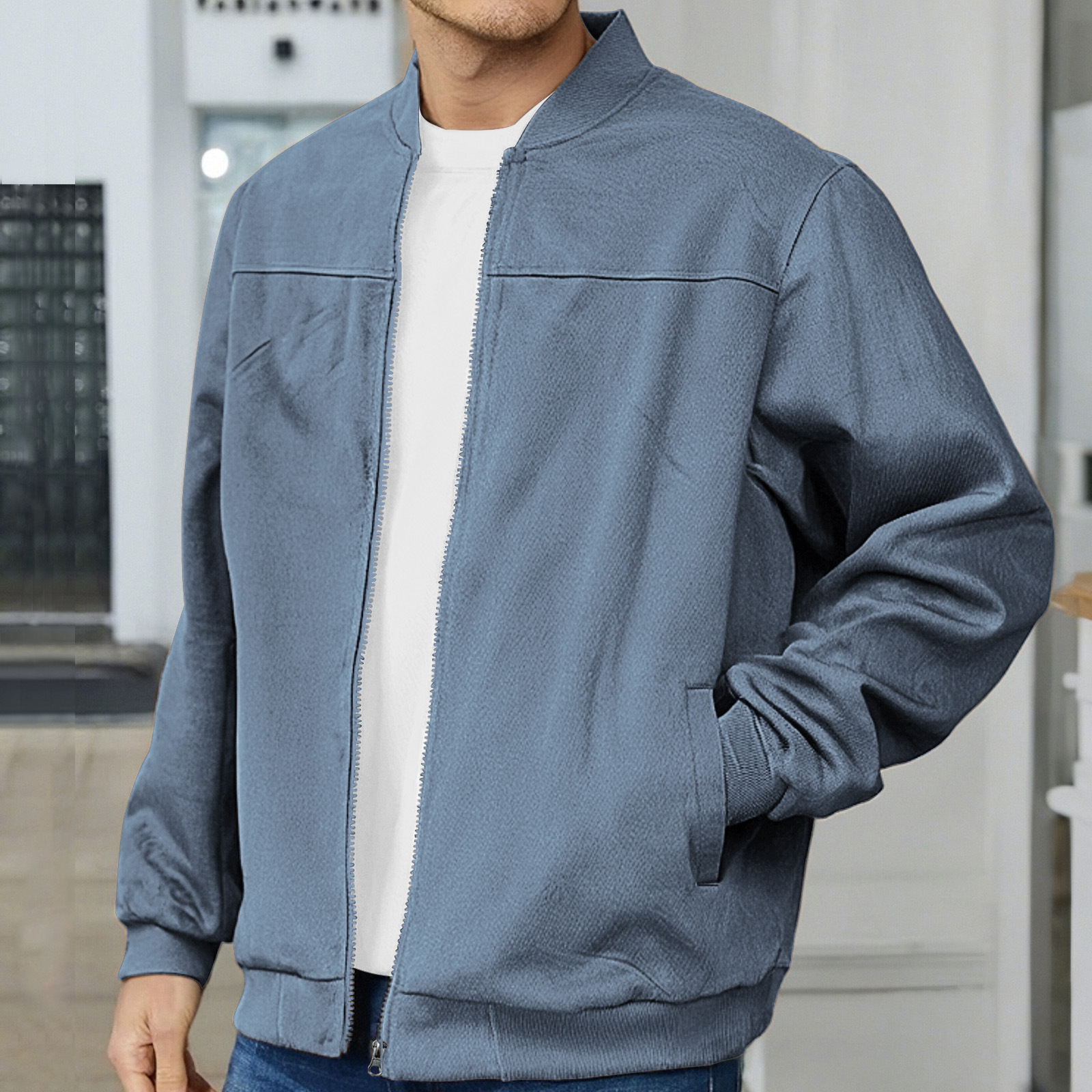 Men's Full-Zip Bomber Jacket with Ribbed Trim