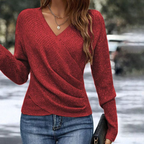 Women's V-Neck Draped Long Sleeve Top