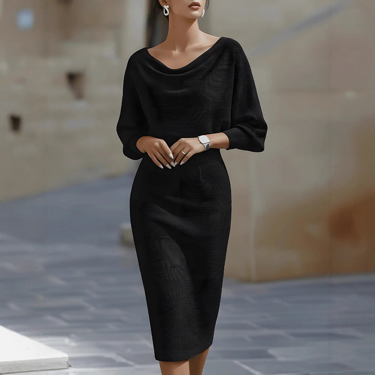 Women's Cowl-Neck Midi Dress with Dolman Sleeves