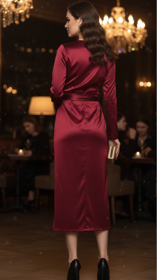 Women's Satin Midi Wrap Dress with Long Sleeves