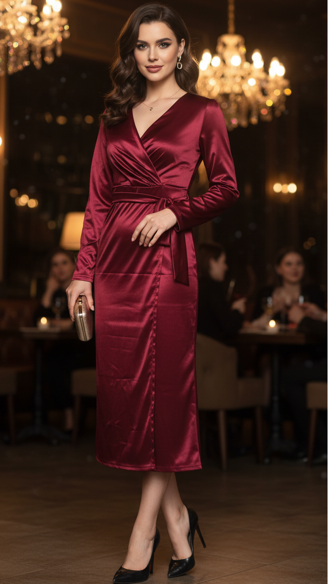 Women's Satin Midi Wrap Dress with Long Sleeves