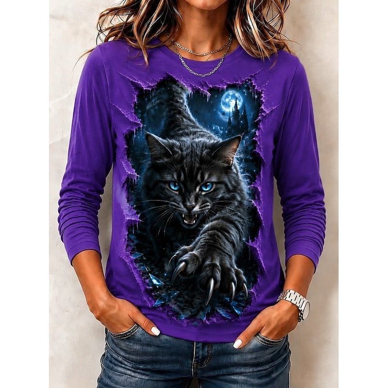 Women’s Halloween Cat Graphic Long Sleeve Top