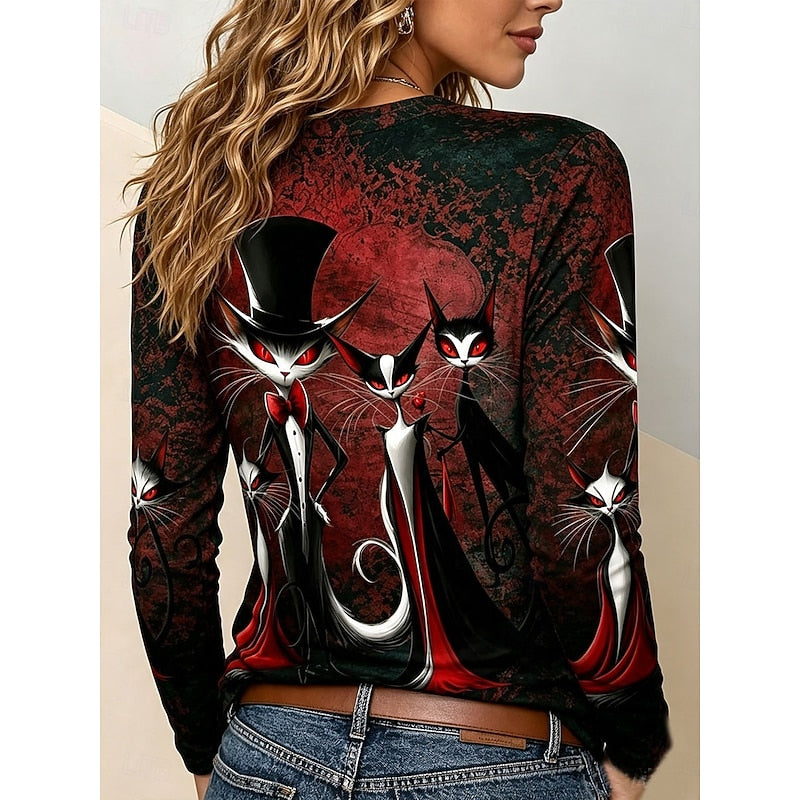 Women’s Halloween Cat Graphic Long Sleeve Top