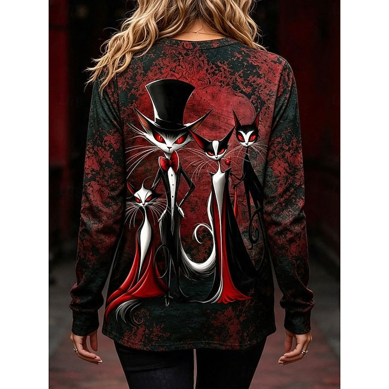Women’s Halloween Cat Graphic Long Sleeve Top